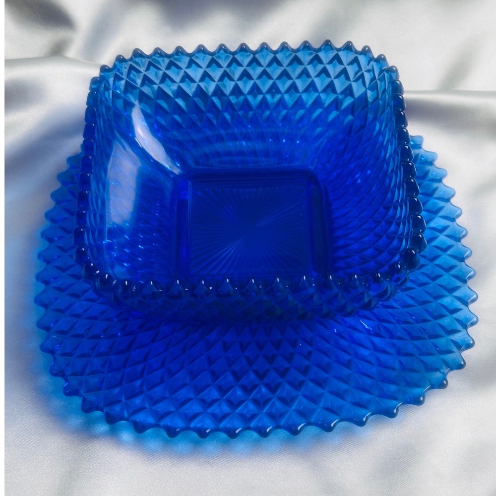 Blue Diamond Point Hobnail Glass Square Footed Bowl and Platter Set 5.25in